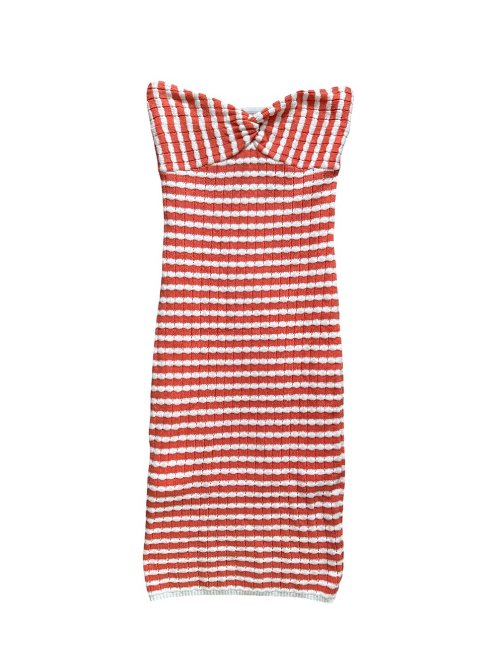 Strapless Orange and White Knit Twist-Front Dress